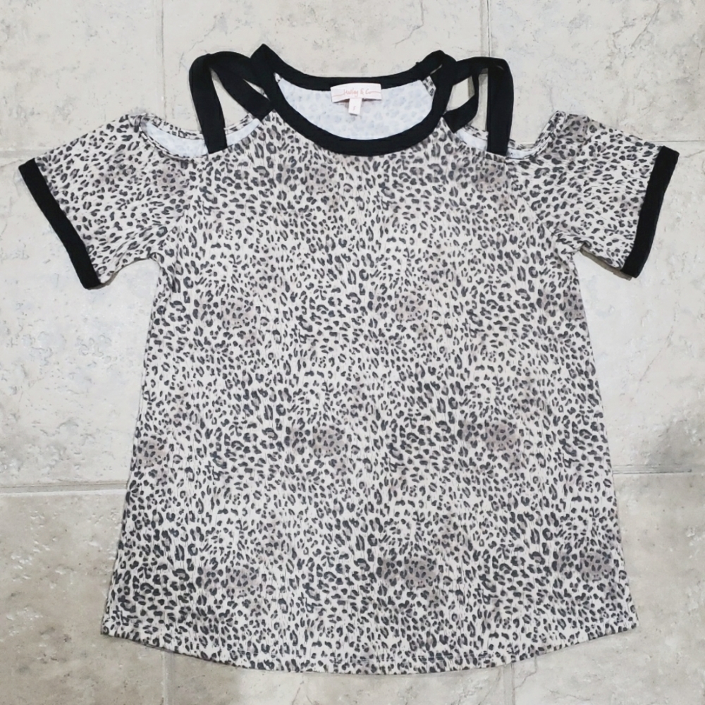 Hailey & Co. Leopard Print Criss-Cross Cold Shoulder Knit Top